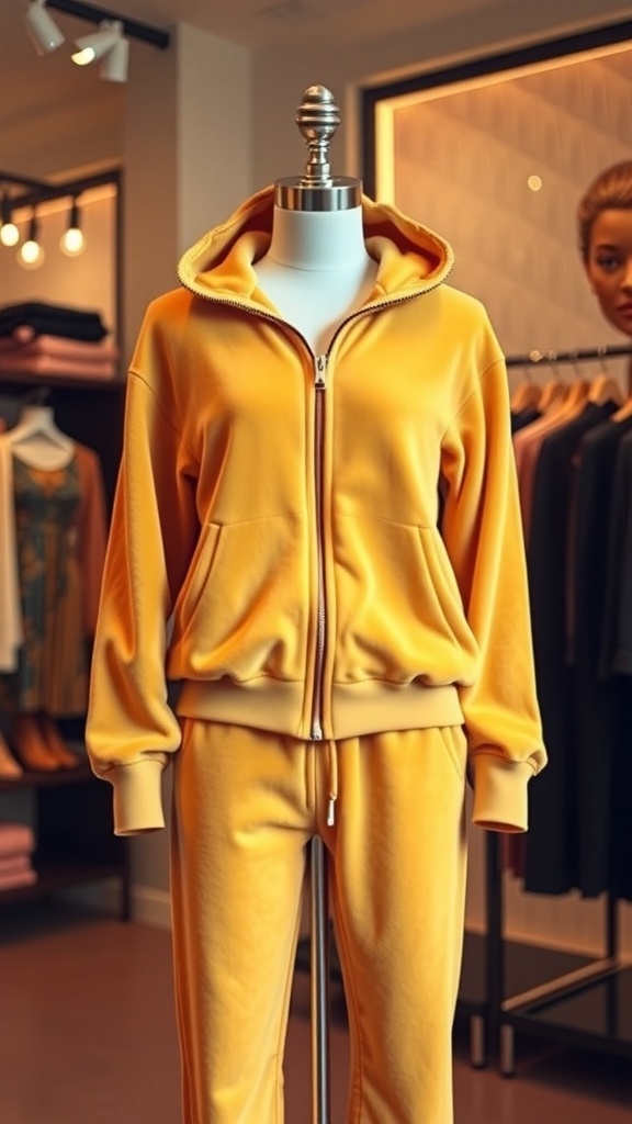 A vintage Juicy Couture tracksuit in vibrant velour fabric displayed on a mannequin in a boutique.
